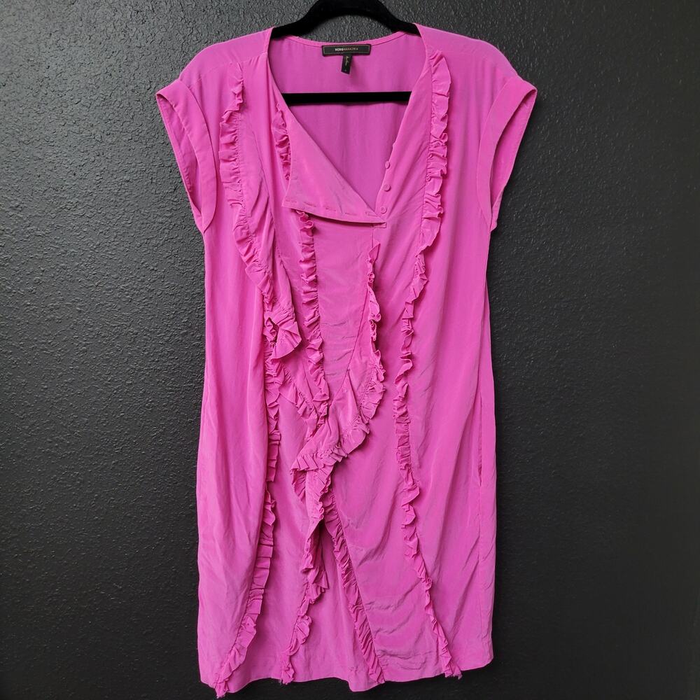 BCBG Max Azria 100% Silk Ruffle Dress Womens Small Pink Designer Mini Barbie